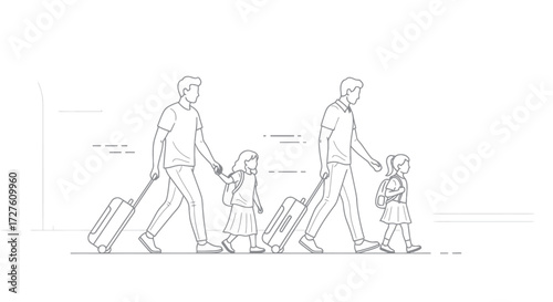 Sketch illustration of a family with two fathers and their children traveling with luggage.