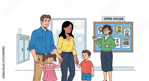 Family of Four Attending School Open House Event.
