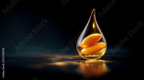 Apricot kernel oil drop with apricot kernels inside on dark background  