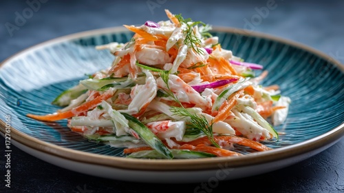 Homemade Japanese kani salad with crab sticks and vegetables  