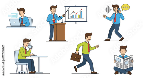 A collection of cartoon businessman character illustrations depicting various daily office activities and work poses.