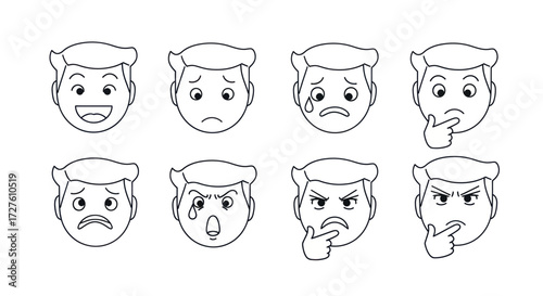 Set of cartoon male character head icons showing various emotional expressions in black and white line art.