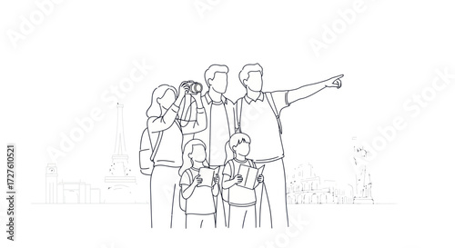 Family of five tourists sightseeing in Paris with Eiffel Tower in the background.
