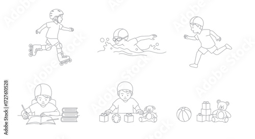 Outlined Children Engaging in Various Recreational Activities.