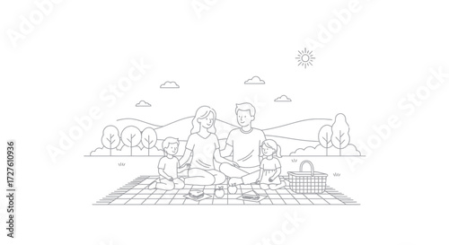 A happy family enjoying a picnic in a scenic countryside landscape with rolling hills and trees.