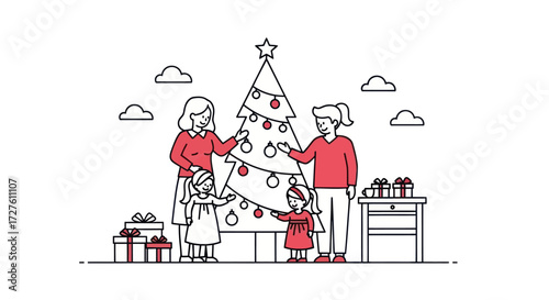 Family Decorating Christmas Tree with Ornaments and Star Topper Gifts Below.