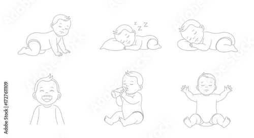 Six Line Drawings of a Baby in Different Poses.