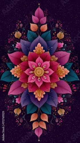 Colorful floral design with vibrant petals and leaves on dark background