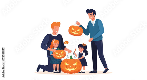 Gay Couple and Children Carving Pumpkins for Halloween.