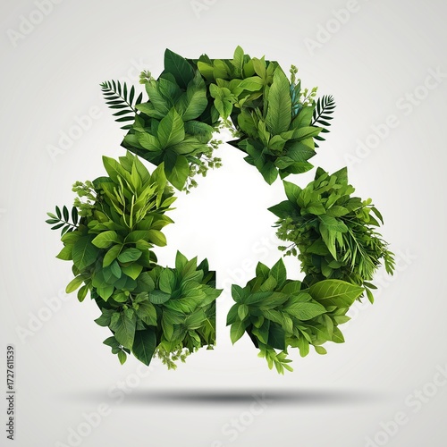 Green leaves forming a recycling symbol with a light background