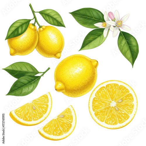 Wallpaper Mural Vibrant watercolor illustration of fresh yellow lemons, translucent slices, juicy wedges, green leaves, delicate blossom, transparent background, copy space concept of natural freshness and botanical Torontodigital.ca