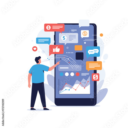 Analyzing digital marketing trends and social media engagement on a smartphone interface.