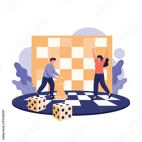 Two people playing a strategic game of chess with dice and abstract shapes in the background.