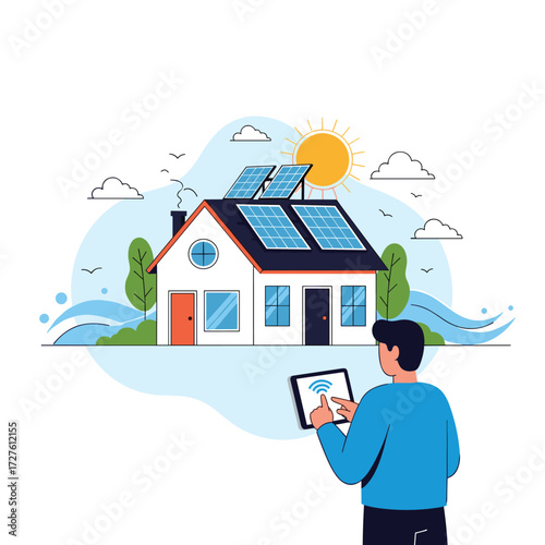 Modern home powered by solar energy with smart technology control.