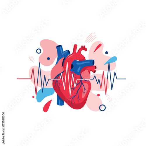 An illustration of the human heart with a prominent electrocardiogram showing its rhythmic function.