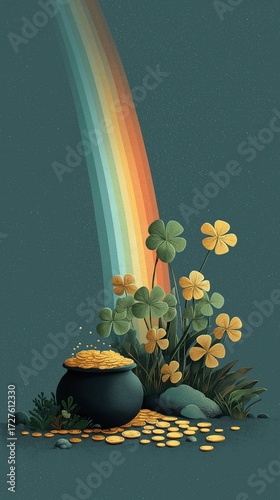 Rainbow over a pot of gold with clovers and flowers in a serene setting