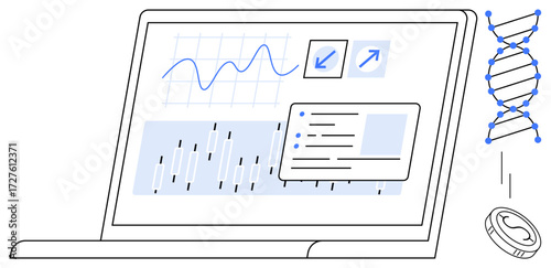 Laptop screen showcasing data charts and graphs, DNA helix, and biotech element. Ideal for technology, innovation, research, data analysis, science, biology and genetics themes simple flat metaphor
