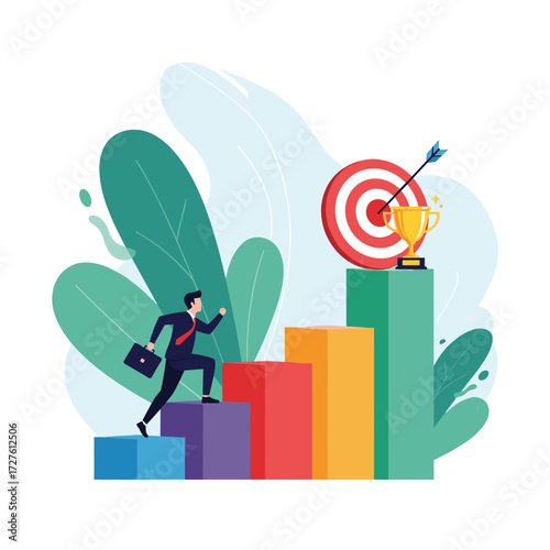 Achieving business success by climbing the career ladder towards goals.