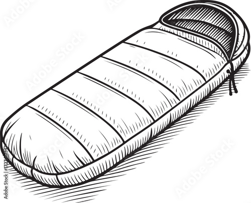 Sleeping Bag Camping Hand-drawn Vector Illustration, Sketch Drawing Doodle Line Linear Symbol Icon Engraving Coloring Book, Black and White Isolated
