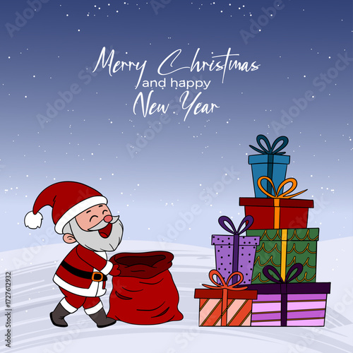 Festive Christmas postcard illustration with Santa Claus carrying a big bag of gifts and his cheerful helpers. Cozy and joyful New Year scene full of holiday spirit
