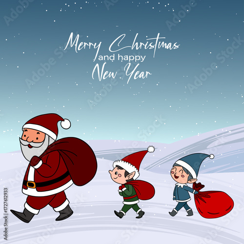 Festive Christmas postcard illustration with Santa Claus carrying a big bag of gifts and his cheerful helpers. Cozy and joyful New Year scene full of holiday spirit