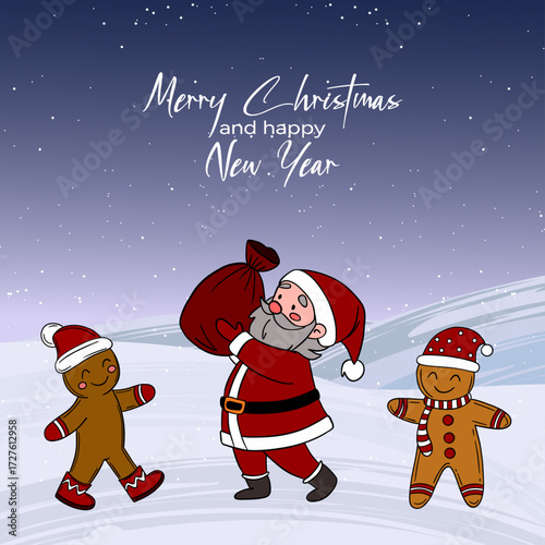 Festive Christmas postcard illustration with Santa Claus carrying a big bag of gifts and his cheerful helpers. Cozy and joyful New Year scene full of holiday spirit