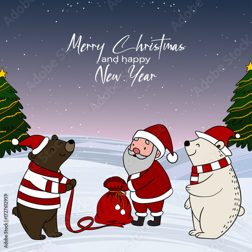 Festive Christmas postcard illustration with Santa Claus carrying a big bag of gifts and his cheerful helpers. Cozy and joyful New Year scene full of holiday spirit