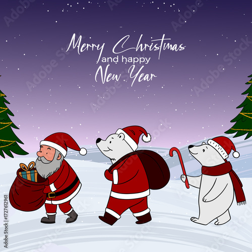 Festive Christmas postcard illustration with Santa Claus carrying a big bag of gifts and his cheerful helpers. Cozy and joyful New Year scene full of holiday spirit
