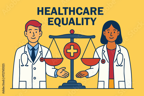 Diverse doctors representing healthcare equality and justice on scales