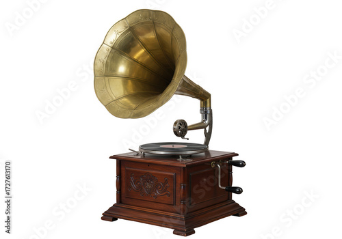 Antique gramophone with a golden horn isolated, vintage phonograph record player on no background