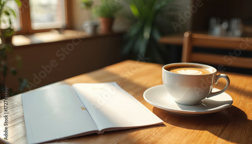 Wallpaper Mural Open booklet with blank pages rests on wooden table beside coffee cup. Warm cafe interior with plants and sunlight. Mockup for creative design project work. Torontodigital.ca