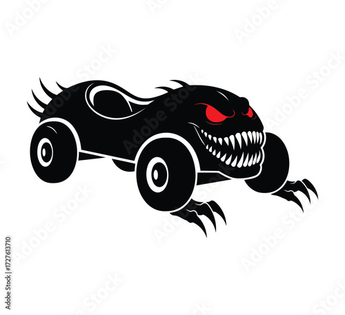 A monstrous car with red eyes and claws