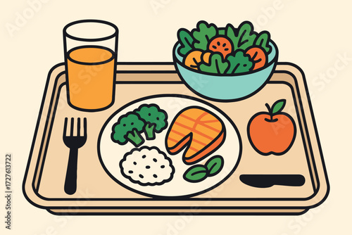 Healthy lunch tray with salmon broccoli rice salad and orange juice