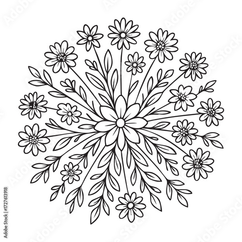 Vector art of charming black and white floral mandala design with small daisylike flowers and leaves, , ideal for crafts and decor