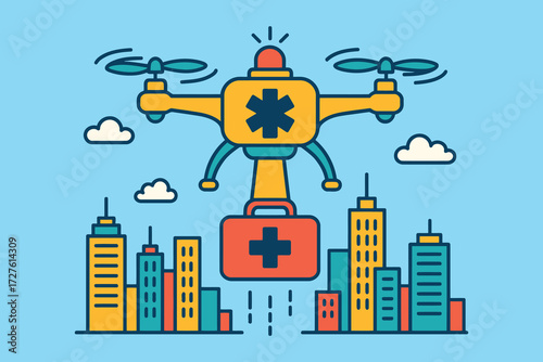 Medical drone delivering emergency first aid kit over city skyline