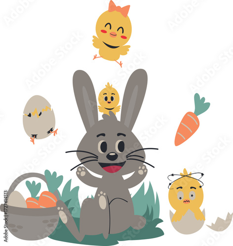 Playful Cartoon Rabbit with Hatching Easter Chicks