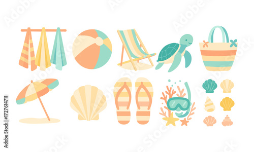 Pastel Beach Icons Set Minimal Flat Vector illustration Collection on White, easily editable and scalable.