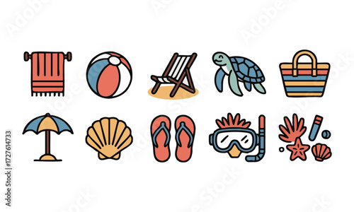 Pastel Beach Icons Set Minimal Flat Vector illustration Collection on White, easily editable and scalable.