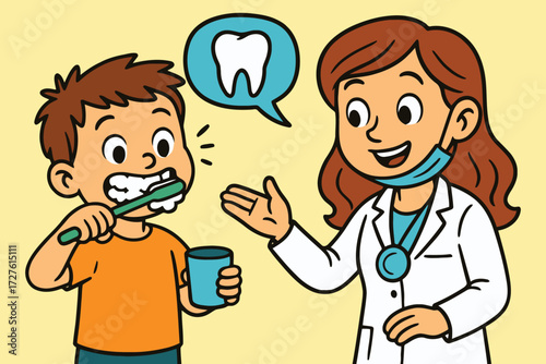 Dentist teaching young boy proper tooth brushing technique for healthy teeth