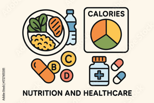 Healthy eating nutrition healthcare diet vitamins food calories and healthcare icons