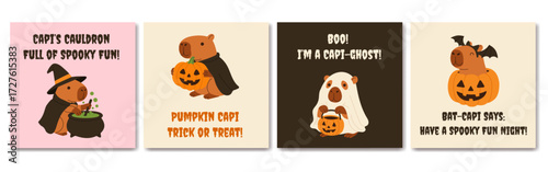 A set of four Halloween cards featuring cute capi. The cards are decorated with pumpkins and witches, and capybaras are dressed up in costumes. The cards are designed to be fun and playful