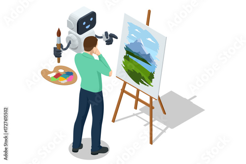AI art assistant. Isometric AI robot helping man with painting on easel, supporting creativity and digital art process with artificial intelligence. Machine learning technology, neural networks.