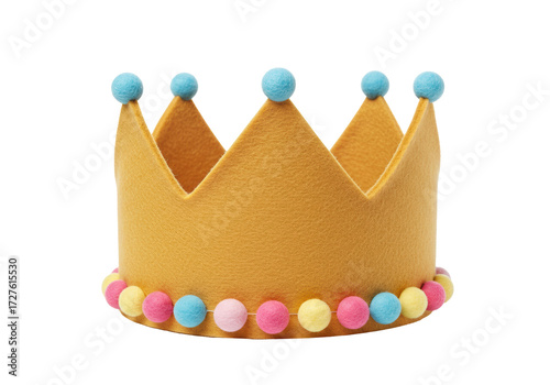 Yellow felt crown with colorful pom poms isolated, birthday party decoration for kids PNG