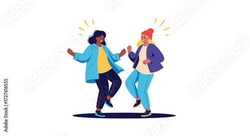 Two young friends joyfully dancing together and celebrating their friendship.