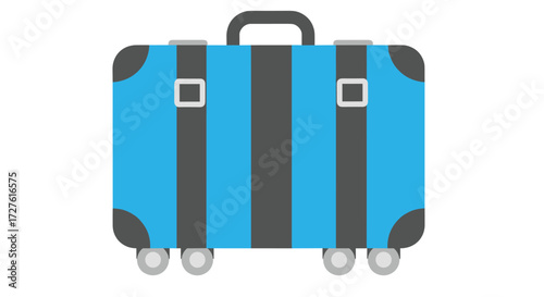 A blue suitcase with four wheels and dark gray straps for travel.