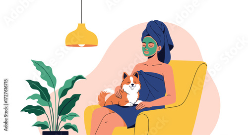 A person enjoying a relaxing spa day at home with their pet dog.