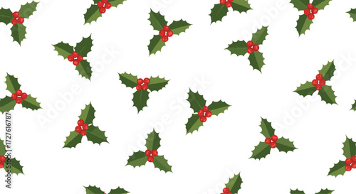 A festive pattern of red berries and green holly leaves adorns this holiday backdrop.