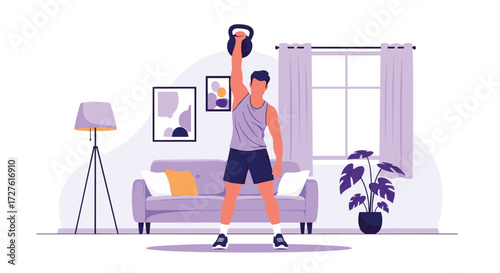 A man performing a single arm kettlebell clean and press in his living room.