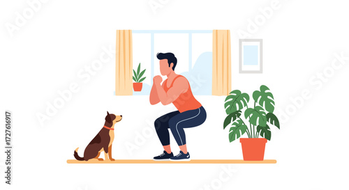 A person exercising at home with their dog watching.