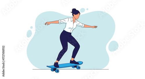 A young woman gracefully rides a skateboard outdoors.